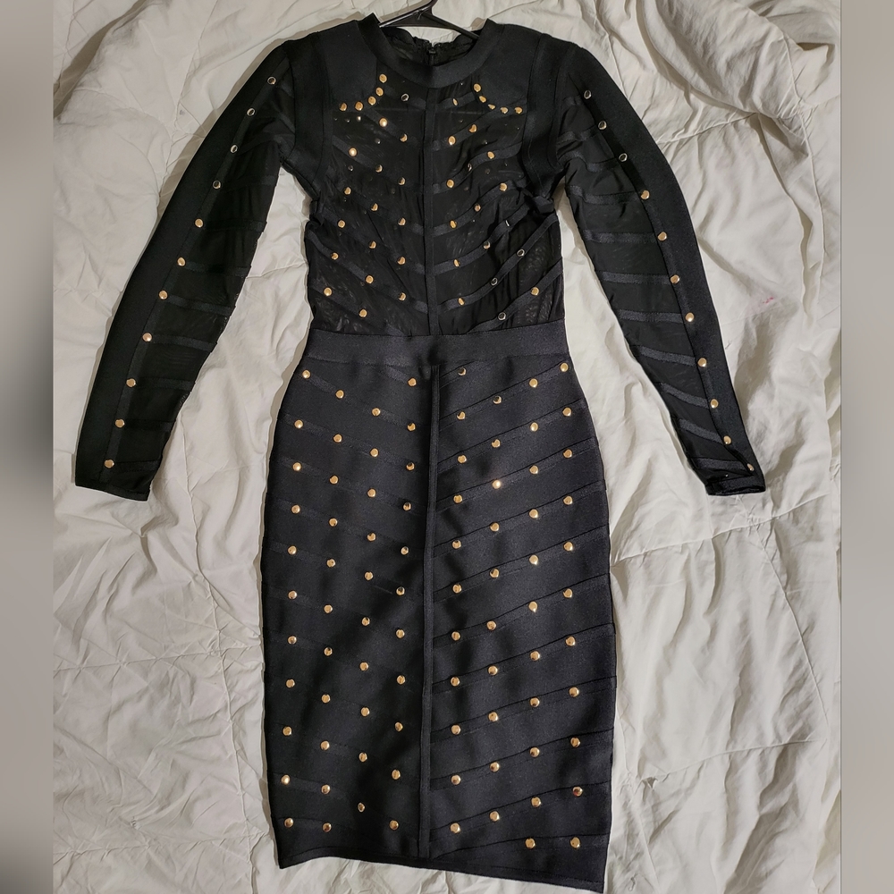 Small Gold studded black mesh bandage dress